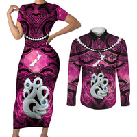 Personalised Maori Matariki Manaia Mawhero Couples Matching Short Sleeve Bodycon Dress and Long Sleeve Button Shirt Maori Kowhaiwhai Pattern Galaxy LT01 Pink - Polynesian Pride