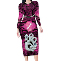 Personalised Maori Matariki Manaia Mawhero Family Matching Long Sleeve Bodycon Dress and Hawaiian Shirt Maori Kowhaiwhai Pattern Galaxy LT01 Mom's Dress Pink - Polynesian Pride