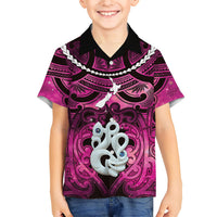 Personalised Maori Matariki Manaia Mawhero Family Matching Long Sleeve Bodycon Dress and Hawaiian Shirt Maori Kowhaiwhai Pattern Galaxy LT01 Son's Shirt Pink - Polynesian Pride