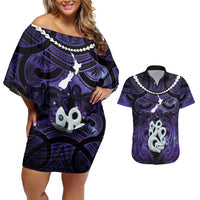 Personalised Maori Matariki Manaia Waiporoporo Couples Matching Off Shoulder Short Dress and Hawaiian Shirt Maori Kowhaiwhai Pattern Galaxy LT01 Purple - Polynesian Pride