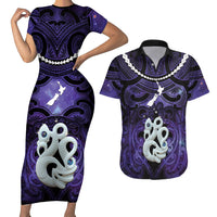 Personalised Maori Matariki Manaia Waiporoporo Couples Matching Short Sleeve Bodycon Dress and Hawaiian Shirt Maori Kowhaiwhai Pattern Galaxy LT01 Purple - Polynesian Pride