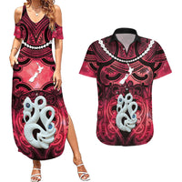 Personalised Maori Matariki Manaia Whero Couples Matching Summer Maxi Dress and Hawaiian Shirt Maori Kowhaiwhai Pattern Galaxy LT01 Red - Polynesian Pride