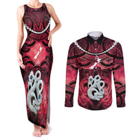 Personalised Maori Matariki Manaia Whero Couples Matching Tank Maxi Dress and Long Sleeve Button Shirt Maori Kowhaiwhai Pattern Galaxy LT01 Red - Polynesian Pride