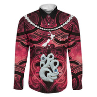 Personalised Maori Matariki Manaia Whero Family Matching Off Shoulder Maxi Dress and Hawaiian Shirt Maori Kowhaiwhai Pattern Galaxy LT01 Dad's Shirt - Long Sleeve Red - Polynesian Pride