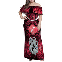 Personalised Maori Matariki Manaia Whero Family Matching Off Shoulder Maxi Dress and Hawaiian Shirt Maori Kowhaiwhai Pattern Galaxy LT01 Mom's Dress Red - Polynesian Pride