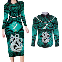 Personalised Maori Matariki Manaia Turquoise Couples Matching Long Sleeve Bodycon Dress and Long Sleeve Button Shirt Maori Kowhaiwhai Pattern Galaxy LT01 Turquoise - Polynesian Pride