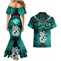 Personalised Maori Matariki Manaia Turquoise Couples Matching Mermaid Dress and Hawaiian Shirt Maori Kowhaiwhai Pattern Galaxy LT01 - Polynesian Pride