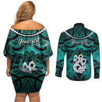 Personalised Maori Matariki Manaia Turquoise Couples Matching Off Shoulder Short Dress and Long Sleeve Button Shirt Maori Kowhaiwhai Pattern Galaxy LT01 - Polynesian Pride