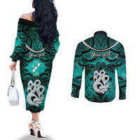 Personalised Maori Matariki Manaia Turquoise Couples Matching Off The Shoulder Long Sleeve Dress and Long Sleeve Button Shirt Maori Kowhaiwhai Pattern Galaxy LT01 - Polynesian Pride