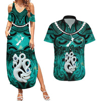 Personalised Maori Matariki Manaia Turquoise Couples Matching Summer Maxi Dress and Hawaiian Shirt Maori Kowhaiwhai Pattern Galaxy LT01 Turquoise - Polynesian Pride