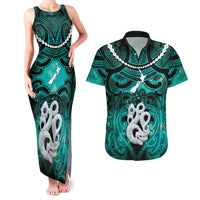 Personalised Maori Matariki Manaia Turquoise Couples Matching Tank Maxi Dress and Hawaiian Shirt Maori Kowhaiwhai Pattern Galaxy LT01 Turquoise - Polynesian Pride