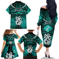 Personalised Maori Matariki Manaia Turquoise Family Matching Off The Shoulder Long Sleeve Dress and Hawaiian Shirt Maori Kowhaiwhai Pattern Galaxy LT01 - Polynesian Pride