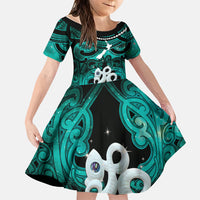 Personalised Maori Matariki Manaia Turquoise Family Matching Off Shoulder Short Dress and Hawaiian Shirt Maori Kowhaiwhai Pattern Galaxy LT01 Daughter's Dress Turquoise - Polynesian Pride