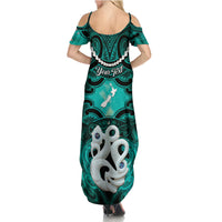 Personalised Maori Matariki Manaia Turquoise Family Matching Summer Maxi Dress and Hawaiian Shirt Maori Kowhaiwhai Pattern Galaxy LT01 - Polynesian Pride