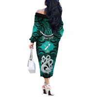 Personalised Maori Matariki Manaia Turquoise Off The Shoulder Long Sleeve Dress Maori Kowhaiwhai Pattern Galaxy