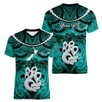 Personalised Maori Matariki Manaia Turquoise Women V-Neck T-Shirt Maori Kowhaiwhai Pattern Galaxy LT01 - Polynesian Pride