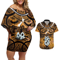 Personalised Maori Matariki Manaia Kowhai Couples Matching Off Shoulder Short Dress and Hawaiian Shirt Maori Kowhaiwhai Pattern Galaxy LT01 Yellow - Polynesian Pride