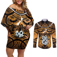 Personalised Maori Matariki Manaia Kowhai Couples Matching Off Shoulder Short Dress and Long Sleeve Button Shirt Maori Kowhaiwhai Pattern Galaxy LT01 Yellow - Polynesian Pride