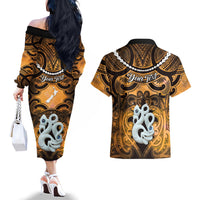 Personalised Maori Matariki Manaia Kowhai Couples Matching Off The Shoulder Long Sleeve Dress and Hawaiian Shirt Maori Kowhaiwhai Pattern Galaxy LT01 - Polynesian Pride
