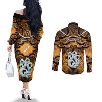 Personalised Maori Matariki Manaia Kowhai Couples Matching Off The Shoulder Long Sleeve Dress and Long Sleeve Button Shirt Maori Kowhaiwhai Pattern Galaxy LT01 - Polynesian Pride