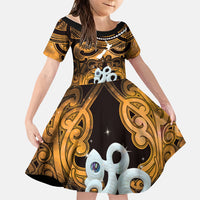 Personalised Maori Matariki Manaia Kowhai Family Matching Off The Shoulder Long Sleeve Dress and Hawaiian Shirt Maori Kowhaiwhai Pattern Galaxy LT01 Daughter's Dress Yellow - Polynesian Pride