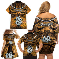 Personalised Maori Matariki Manaia Kowhai Family Matching Off Shoulder Short Dress and Hawaiian Shirt Maori Kowhaiwhai Pattern Galaxy LT01 - Polynesian Pride
