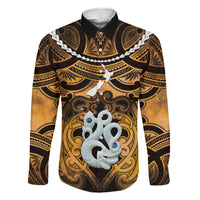Personalised Maori Matariki Manaia Kowhai Family Matching Off Shoulder Short Dress and Hawaiian Shirt Maori Kowhaiwhai Pattern Galaxy LT01 Dad's Shirt - Long Sleeve Yellow - Polynesian Pride