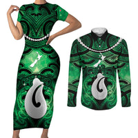 Personalised Maori Matariki Hei Matau Kakariki Couples Matching Short Sleeve Bodycon Dress and Long Sleeve Button Shirt Maori Kowhaiwhai Pattern Galaxy LT01 Green - Polynesian Pride