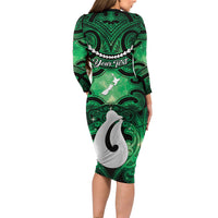 Personalised Maori Matariki Hei Matau Kakariki Long Sleeve Bodycon Dress Maori Kowhaiwhai Pattern Galaxy LT01 - Polynesian Pride