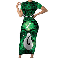 Personalised Maori Matariki Hei Matau Kakariki Short Sleeve Bodycon Dress Maori Kowhaiwhai Pattern Galaxy LT01 Long Dress Green - Polynesian Pride