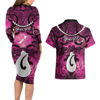 Personalised Maori Matariki Hei Matau Mawhero Couples Matching Long Sleeve Bodycon Dress and Hawaiian Shirt Maori Kowhaiwhai Pattern Galaxy LT01 - Polynesian Pride
