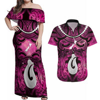 Personalised Maori Matariki Hei Matau Mawhero Couples Matching Off Shoulder Maxi Dress and Hawaiian Shirt Maori Kowhaiwhai Pattern Galaxy LT01 Pink - Polynesian Pride