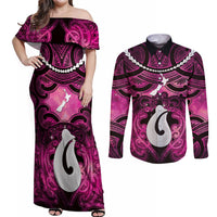 Personalised Maori Matariki Hei Matau Mawhero Couples Matching Off Shoulder Maxi Dress and Long Sleeve Button Shirt Maori Kowhaiwhai Pattern Galaxy LT01 Pink - Polynesian Pride