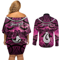 Personalised Maori Matariki Hei Matau Mawhero Couples Matching Off Shoulder Short Dress and Long Sleeve Button Shirt Maori Kowhaiwhai Pattern Galaxy LT01 - Polynesian Pride