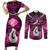 Personalised Maori Matariki Hei Matau Mawhero Couples Matching Short Sleeve Bodycon Dress and Long Sleeve Button Shirt Maori Kowhaiwhai Pattern Galaxy LT01 Pink - Polynesian Pride