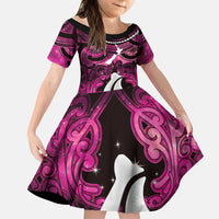 Personalised Maori Matariki Hei Matau Mawhero Family Matching Off Shoulder Short Dress and Hawaiian Shirt Maori Kowhaiwhai Pattern Galaxy LT01 Daughter's Dress Pink - Polynesian Pride