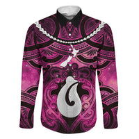 Personalised Maori Matariki Hei Matau Mawhero Family Matching Short Sleeve Bodycon Dress and Hawaiian Shirt Maori Kowhaiwhai Pattern Galaxy LT01 Dad's Shirt - Long Sleeve Pink - Polynesian Pride