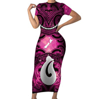 Personalised Maori Matariki Hei Matau Mawhero Short Sleeve Bodycon Dress Maori Kowhaiwhai Pattern Galaxy LT01 Long Dress Pink - Polynesian Pride