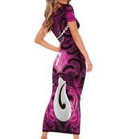 Personalised Maori Matariki Hei Matau Mawhero Short Sleeve Bodycon Dress Maori Kowhaiwhai Pattern Galaxy LT01 - Polynesian Pride