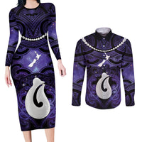 Personalised Maori Matariki Hei Matau Waiporoporo Couples Matching Long Sleeve Bodycon Dress and Long Sleeve Button Shirt Maori Kowhaiwhai Pattern Galaxy LT01 Purple - Polynesian Pride
