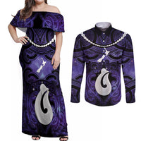 Personalised Maori Matariki Hei Matau Waiporoporo Couples Matching Off Shoulder Maxi Dress and Long Sleeve Button Shirt Maori Kowhaiwhai Pattern Galaxy LT01 Purple - Polynesian Pride