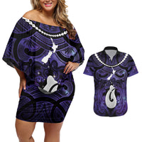 Personalised Maori Matariki Hei Matau Waiporoporo Couples Matching Off Shoulder Short Dress and Hawaiian Shirt Maori Kowhaiwhai Pattern Galaxy LT01 Purple - Polynesian Pride