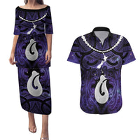Personalised Maori Matariki Hei Matau Waiporoporo Couples Matching Puletasi and Hawaiian Shirt Maori Kowhaiwhai Pattern Galaxy LT01 Purple - Polynesian Pride