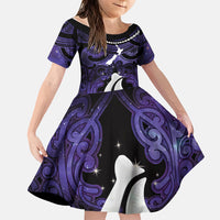 Personalised Maori Matariki Hei Matau Waiporoporo Family Matching Off Shoulder Short Dress and Hawaiian Shirt Maori Kowhaiwhai Pattern Galaxy LT01 Daughter's Dress Purple - Polynesian Pride