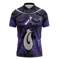 Personalised Maori Matariki Hei Matau Waiporoporo Zipper Polo Shirt Maori Kowhaiwhai Pattern Galaxy LT01 Purple - Polynesian Pride
