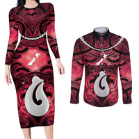 Personalised Maori Matariki Hei Matau Whero Couples Matching Long Sleeve Bodycon Dress and Long Sleeve Button Shirt Maori Kowhaiwhai Pattern Galaxy LT01 Red - Polynesian Pride