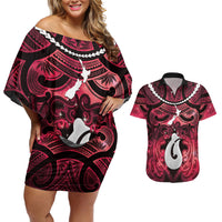 Personalised Maori Matariki Hei Matau Whero Couples Matching Off Shoulder Short Dress and Hawaiian Shirt Maori Kowhaiwhai Pattern Galaxy LT01 Red - Polynesian Pride