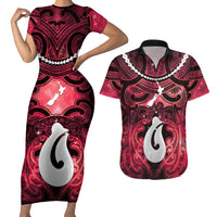 Personalised Maori Matariki Hei Matau Whero Couples Matching Short Sleeve Bodycon Dress and Hawaiian Shirt Maori Kowhaiwhai Pattern Galaxy LT01 Red - Polynesian Pride
