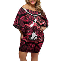 Personalised Maori Matariki Hei Matau Whero Family Matching Off Shoulder Short Dress and Hawaiian Shirt Maori Kowhaiwhai Pattern Galaxy LT01 Mom's Dress Red - Polynesian Pride