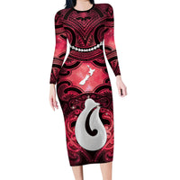 Personalised Maori Matariki Hei Matau Whero Long Sleeve Bodycon Dress Maori Kowhaiwhai Pattern Galaxy LT01 Long Dress Red - Polynesian Pride